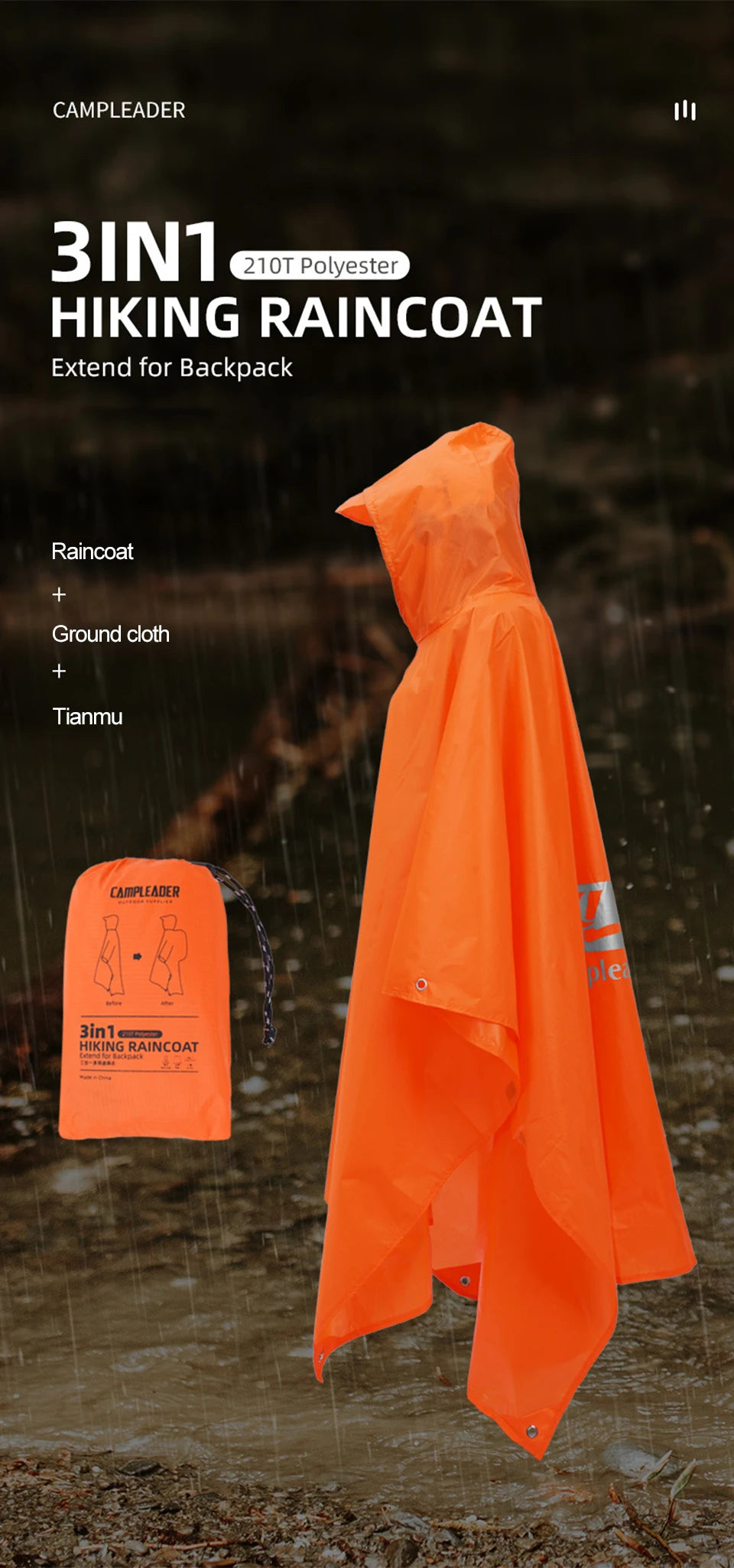 3 In 1 Waterproof Rain Poncho for Hiking and Camping
