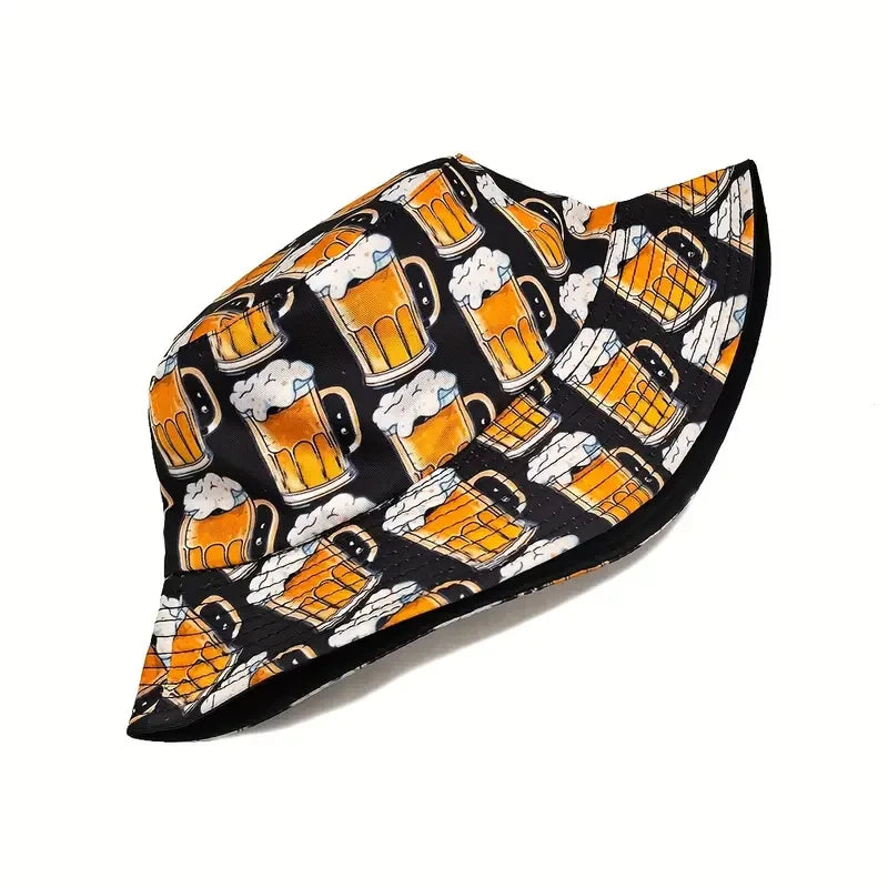 Funny Cartoon Beer Bucket Hat Double Sided Sun Cap