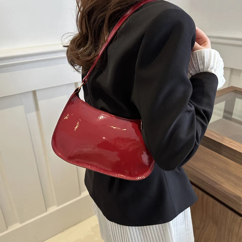 Retro Solid Color PU Leather Shoulder Underarm Bag Women&