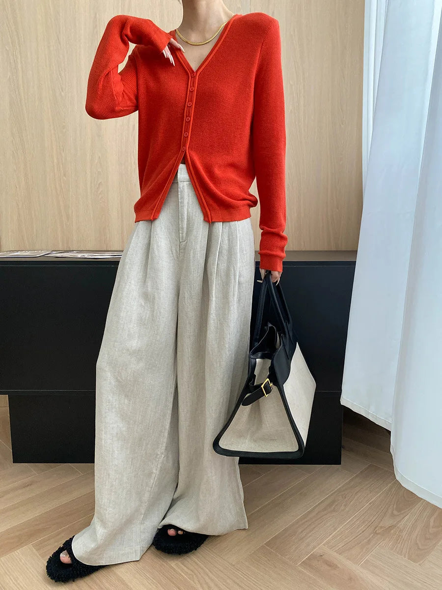 Lightweight travel comfort semi elastic high waist slimming casual wide leg pants