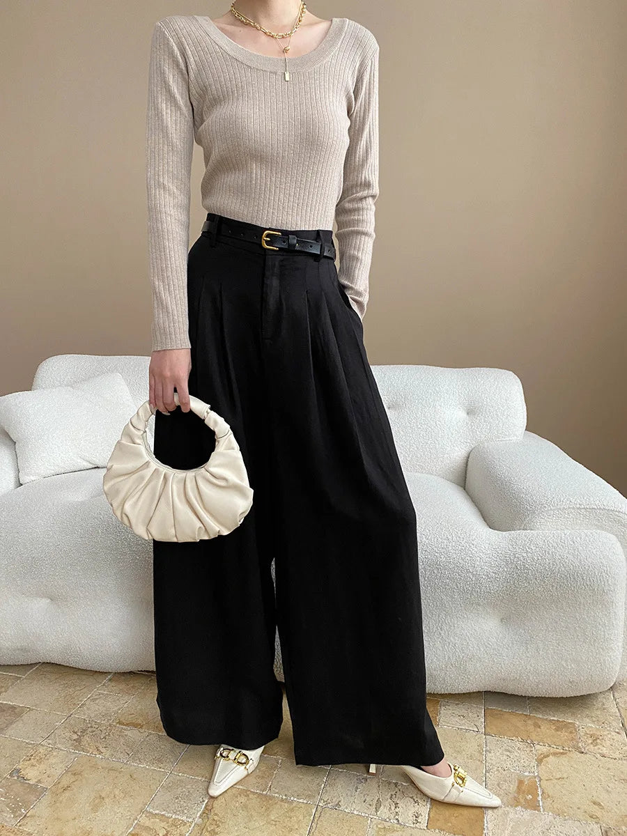 Lightweight travel comfort semi elastic high waist slimming casual wide leg pants