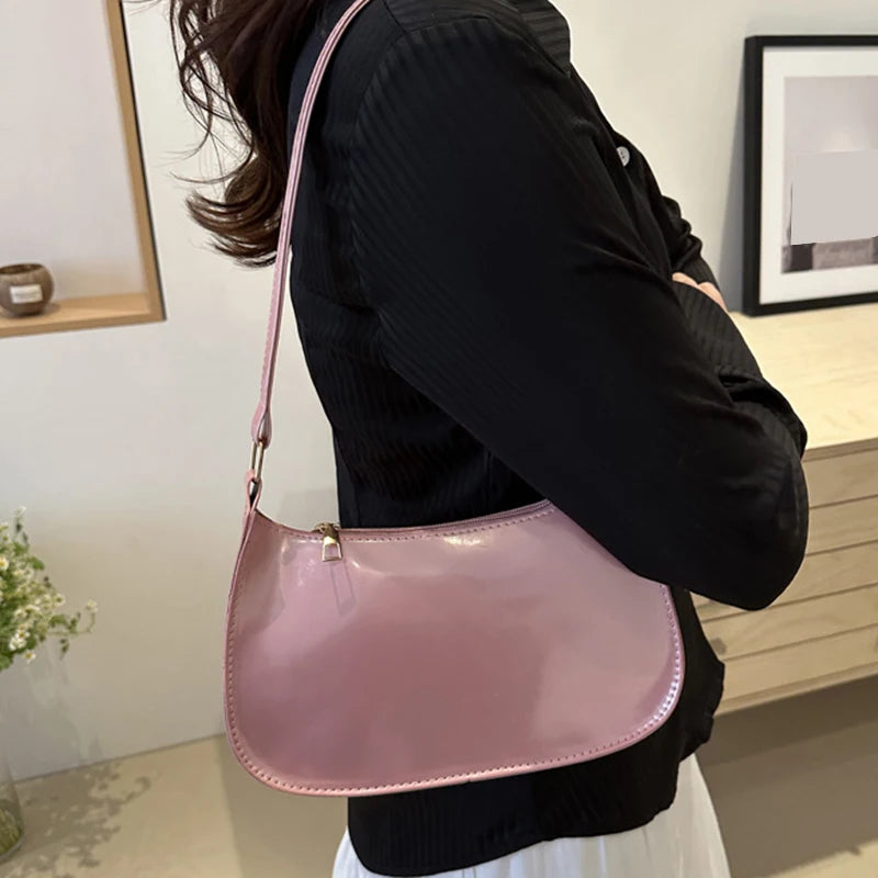Retro Solid Color PU Leather Shoulder Underarm Bag Women&