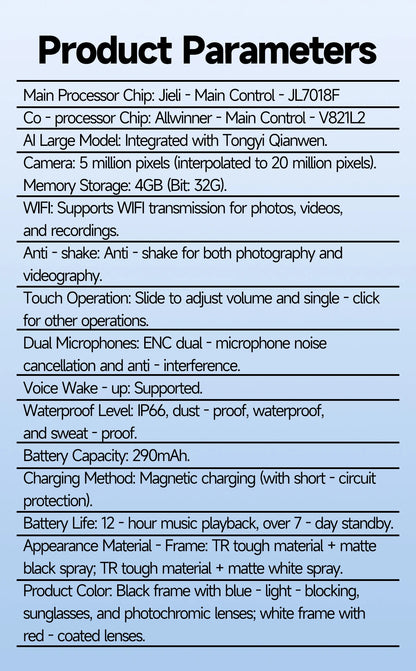 AI Smart Glasses 5 Million Pixels Recording Videos Photo Recognition Answer Translation 290mAh IP66 Waterproof Bluetooth Glasses