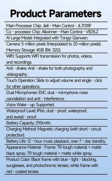 AI Smart Glasses 5 Million Pixels Recording Videos Photo Recognition Answer Translation 290mAh IP66 Waterproof Bluetooth Glasses
