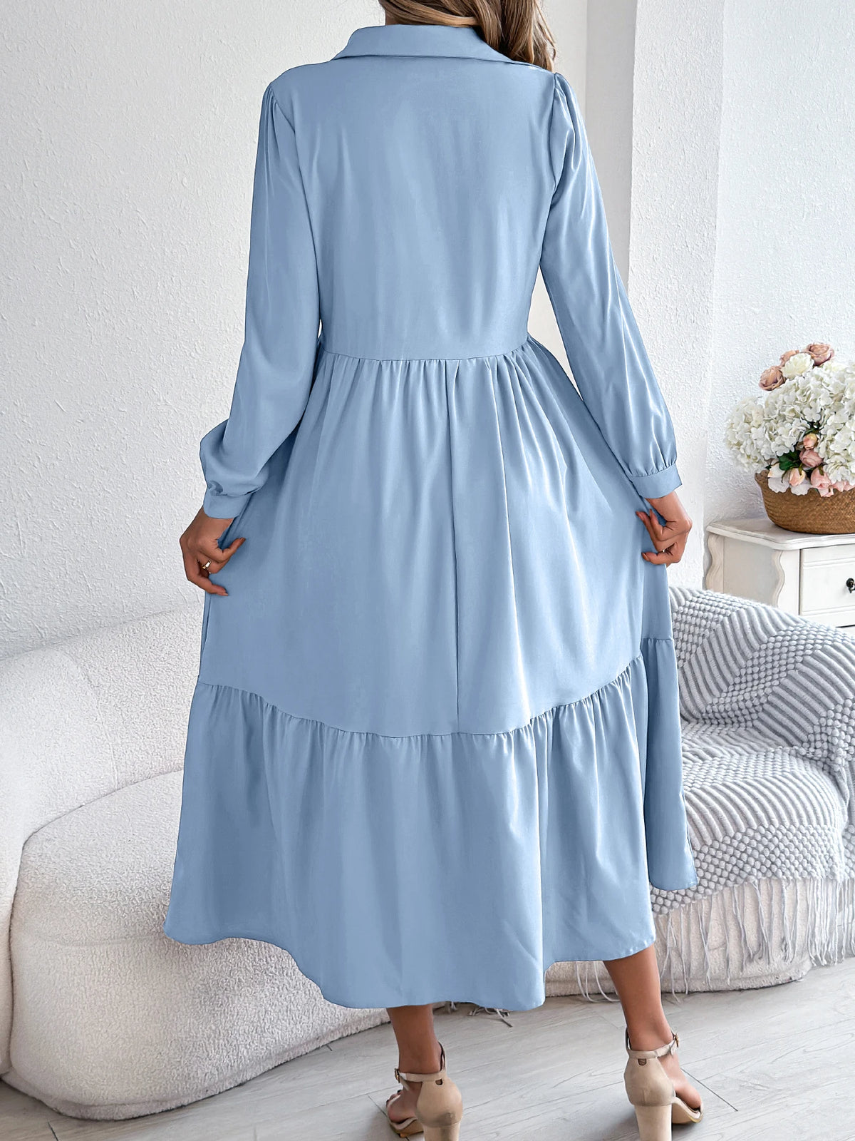 Casual Vacation Long Sleeved Turn-down Collar Single-Breasted Dress Spring Autumn Fashion Women&