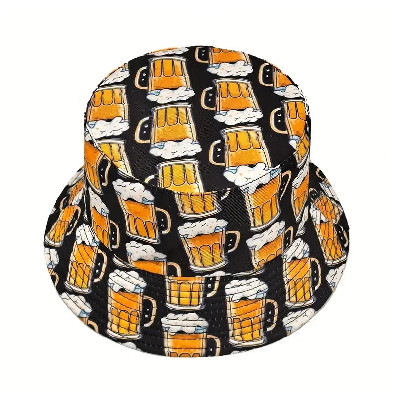 Funny Cartoon Beer Bucket Hat Double Sided Sun Cap