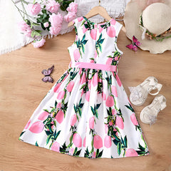 Girls' summer vacation style sleeveless vest dress with bow belt dress