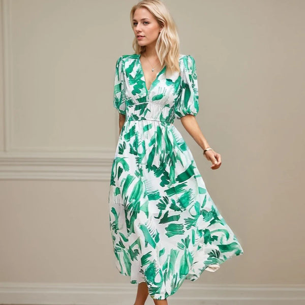 Beach Vacation Casual Floral Dresses Spring Summer New Fashion Lantern Sleeve Chiffon Long Dress French Gentle Slim Fit Sundress