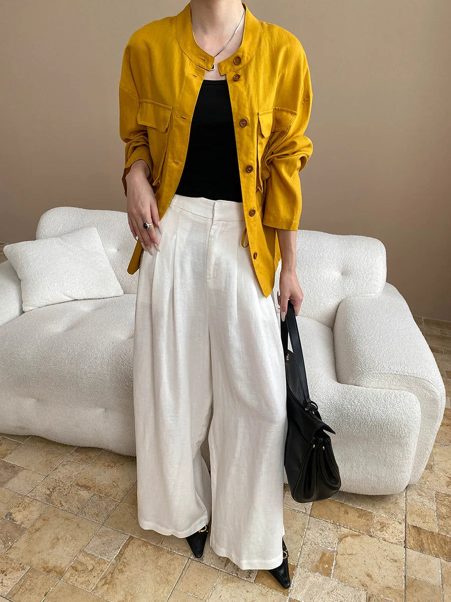 Lightweight travel comfort semi elastic high waist slimming casual wide leg pants