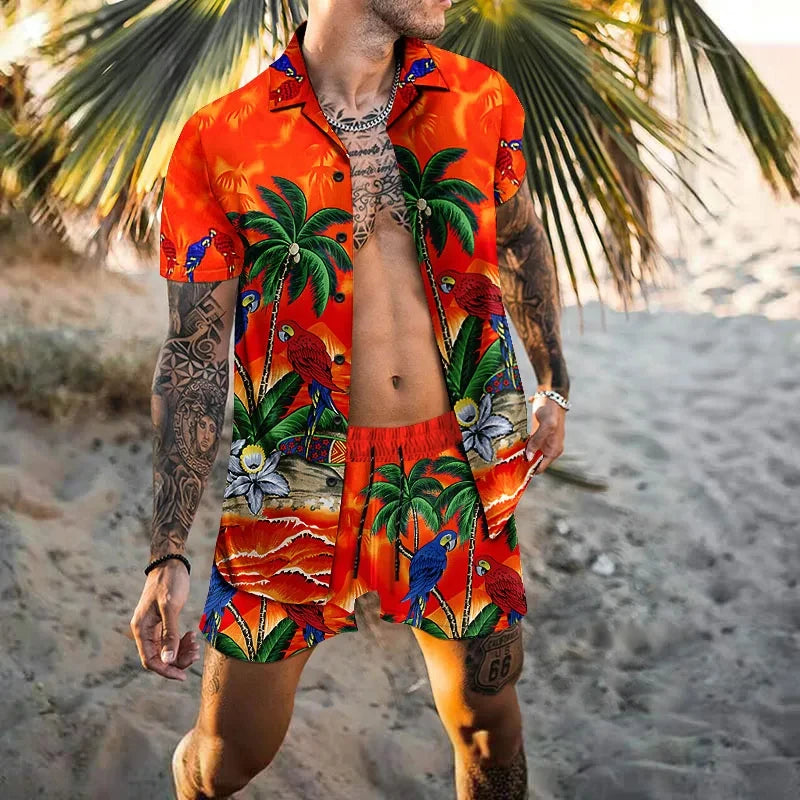 Men's Vacation two-piece Daily suit, Hawaiian cardigan, set, 3D Printed Summer shirt, Beach Shorts