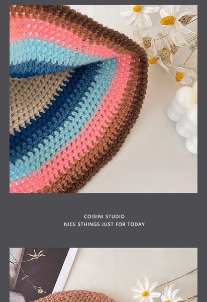 Ins Cute Cartoon Contrasting Color Knitted Bucket Hats Men Spring and Autumn Travel Photo Fashion Versatile Sweet Woman's Cap