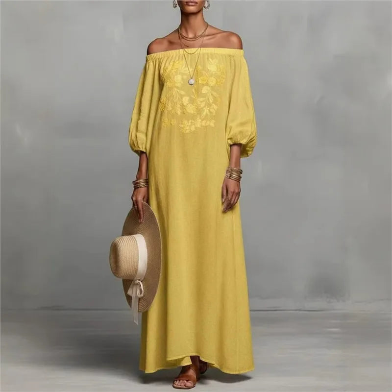 Vacation One Shoulder Linen Bohemian Dress for Women Sleeve