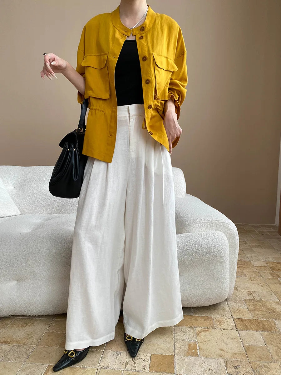 Lightweight travel comfort semi elastic high waist slimming casual wide leg pants