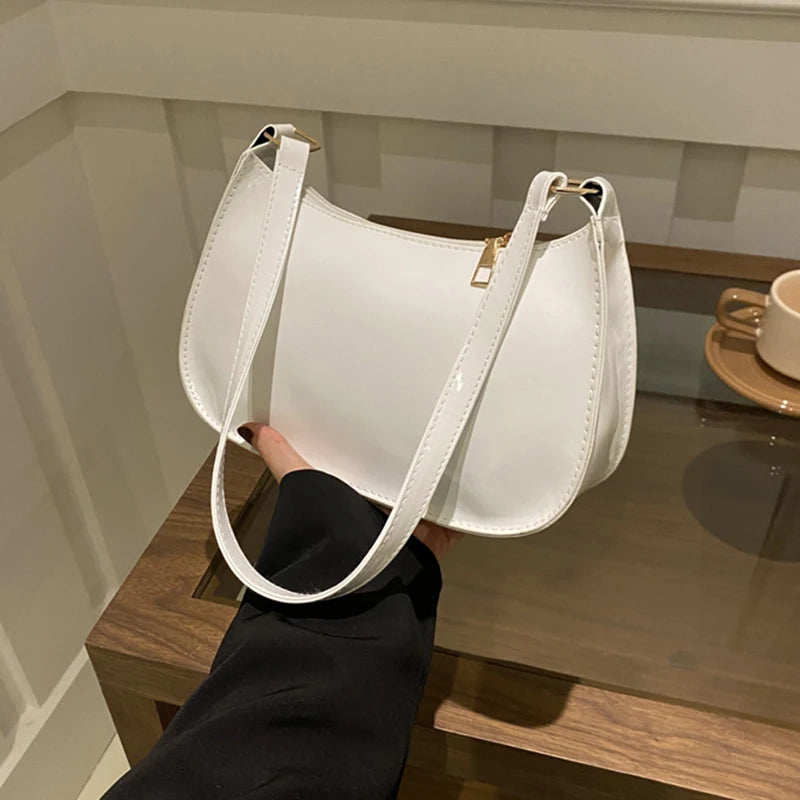 Retro Solid Color PU Leather Shoulder Underarm Bag Women&