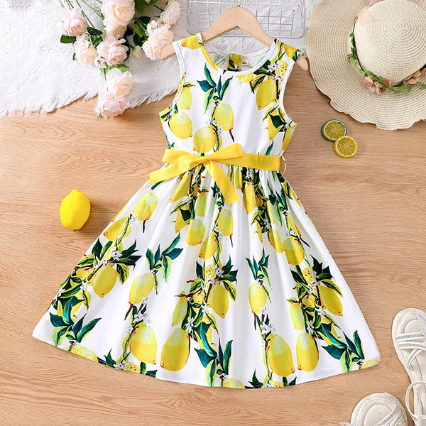Girls' summer vacation style sleeveless vest dress with bow belt dress