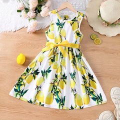 Girls' summer vacation style sleeveless vest dress with bow belt dress