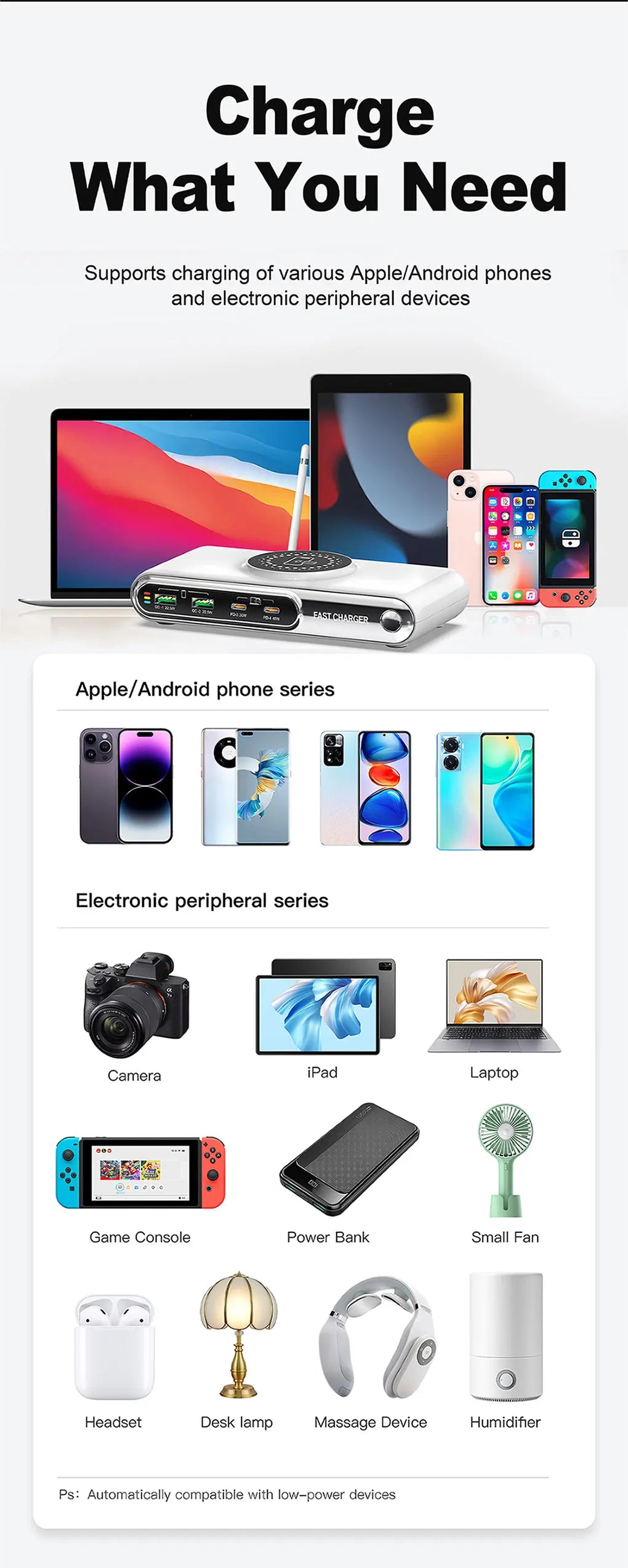 72W Multifunction Wireless Charger with USB C Quick Ports