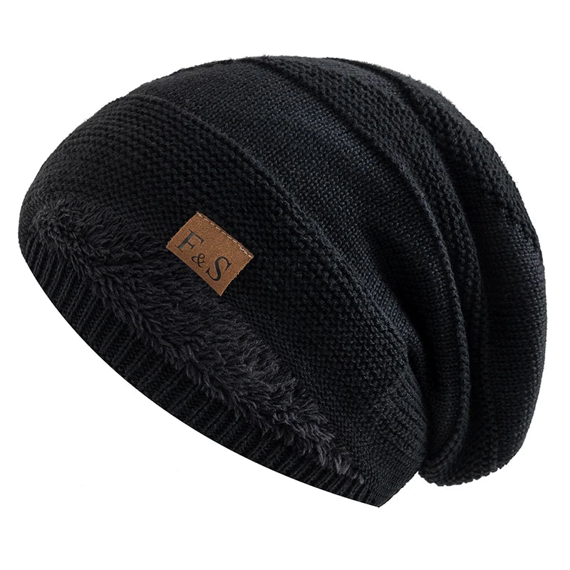 Unisex Fur Lined Winter Beanie Hat Warm Knitted Cap