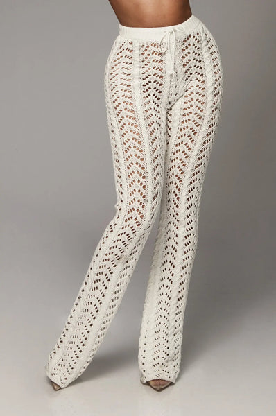 Beach Wear Straight Pant Vacation Outfits Clothes For Women Knitted Hollow Out Lace-Up Causal Trousers Solid Color
