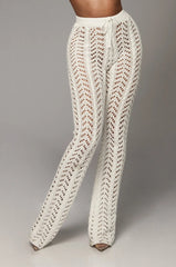 Beach Wear Straight Pant Vacation Outfits Clothes For Women Knitted Hollow Out Lace-Up Causal Trousers Solid Color