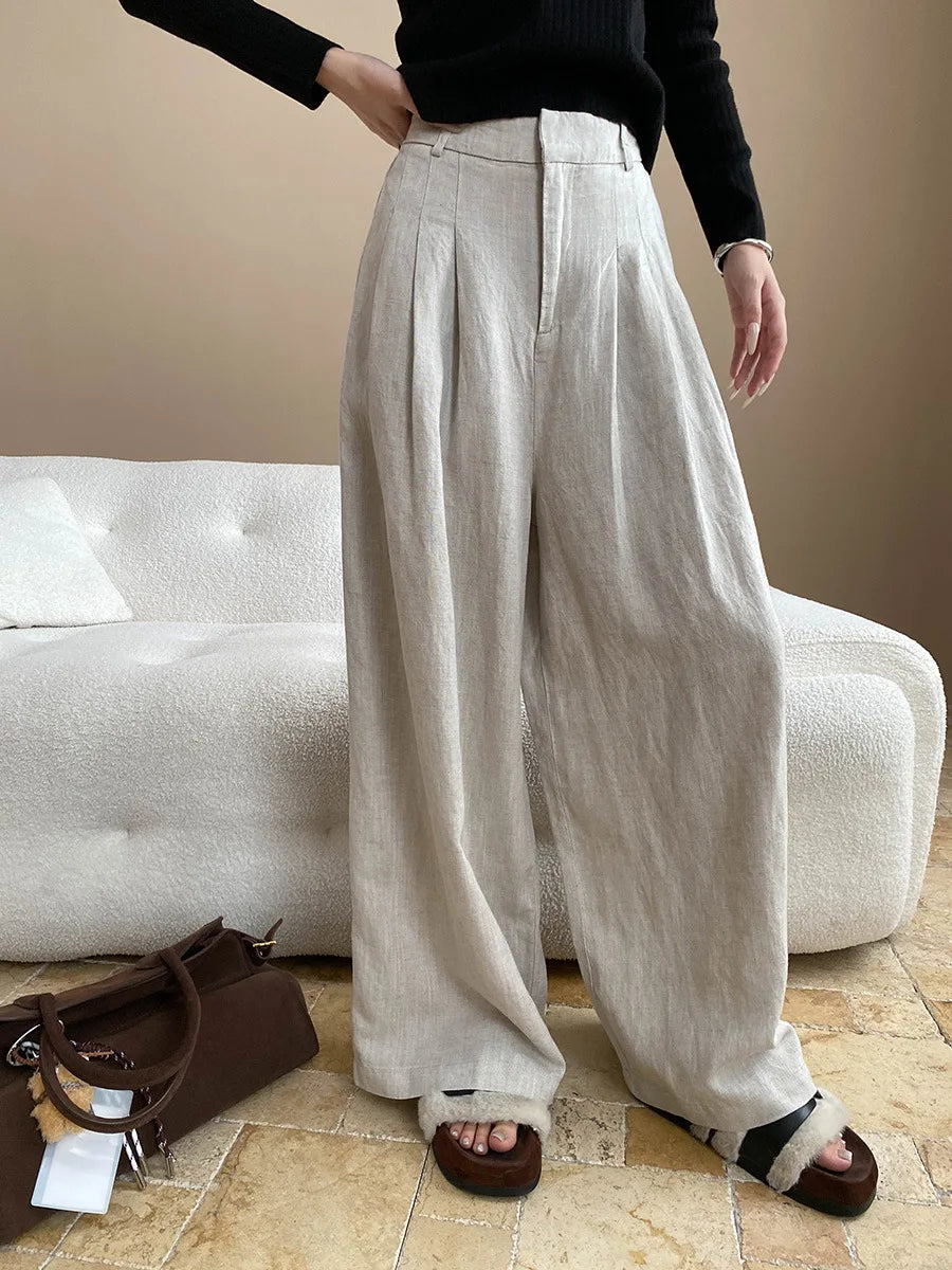 Lightweight travel comfort semi elastic high waist slimming casual wide leg pants