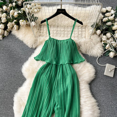 Vacation Loose Jumpsuit Strap Backless Thin Romper Streetwear Women INS One-Piece Outfit Beach Style Pleated Bodysuits
