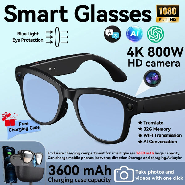 2026 New AI Smart Glasses 800W Camera 4K Ultra HD Video Recording Translation 3600mAh Charging Case AI Conversation 32GB Storage
