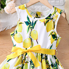 Girls' summer vacation style sleeveless vest dress with bow belt dress