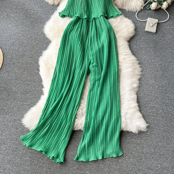 Vacation Loose Jumpsuit Strap Backless Thin Romper Streetwear Women INS One-Piece Outfit Beach Style Pleated Bodysuits