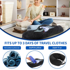 Travel Neck Pillow with Fillable Clothing U Shaped Pillowcase Velvet Cover Extra Storage Bag for Airplane Travel Space Saving