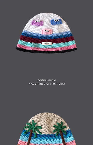 Ins Cute Cartoon Contrasting Color Knitted Bucket Hats Men Spring and Autumn Travel Photo Fashion Versatile Sweet Woman's Cap