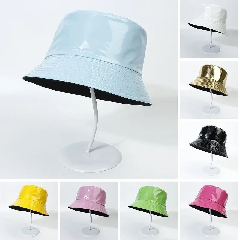 PU Leather Waterproof Hip Hop Bucket Hat for Men Women