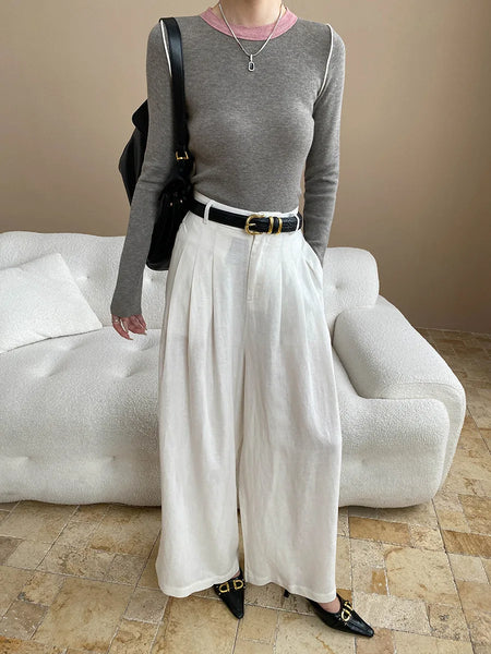 Lightweight travel comfort semi elastic high waist slimming casual wide leg pants