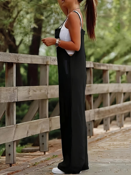 A Must-Have for Vacations: Summer Black Casual Style Loose Wide-Leg One-Piece Design Women's Jumpsuit Overalls