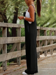 A Must-Have for Vacations: Summer Black Casual Style Loose Wide-Leg One-Piece Design Women's Jumpsuit Overalls