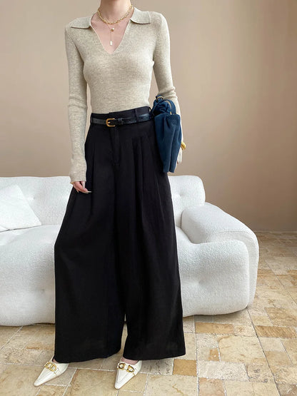 Lightweight travel comfort semi elastic high waist slimming casual wide leg pants