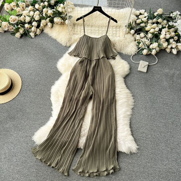 Vacation Loose Jumpsuit Strap Backless Thin Romper Streetwear Women INS One-Piece Outfit Beach Style Pleated Bodysuits
