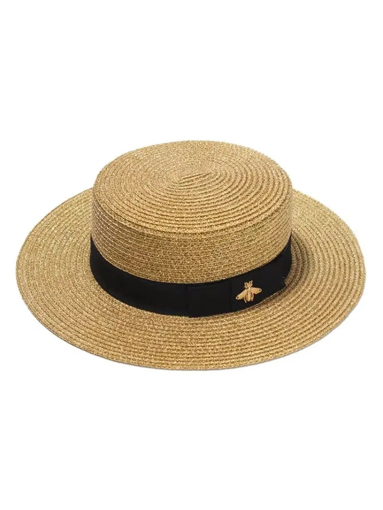 Ladies Sun Fedora Hats Small Bee Shiny Straw Hat European American Retro Gold Braided Female Sunshade Flat Sequins Hat
