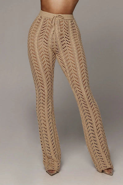 Beach Wear Straight Pant Vacation Outfits Clothes For Women Knitted Hollow Out Lace-Up Causal Trousers Solid Color