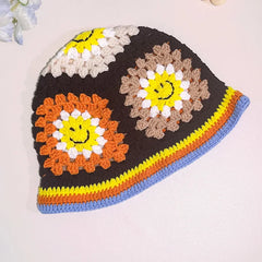 Women Muticolor Crochet Korean Handmade Bucket Hat Women Weaving Knitted Hat Y2k Fashion Flowers Autumn Winter Beanies Basin Cap