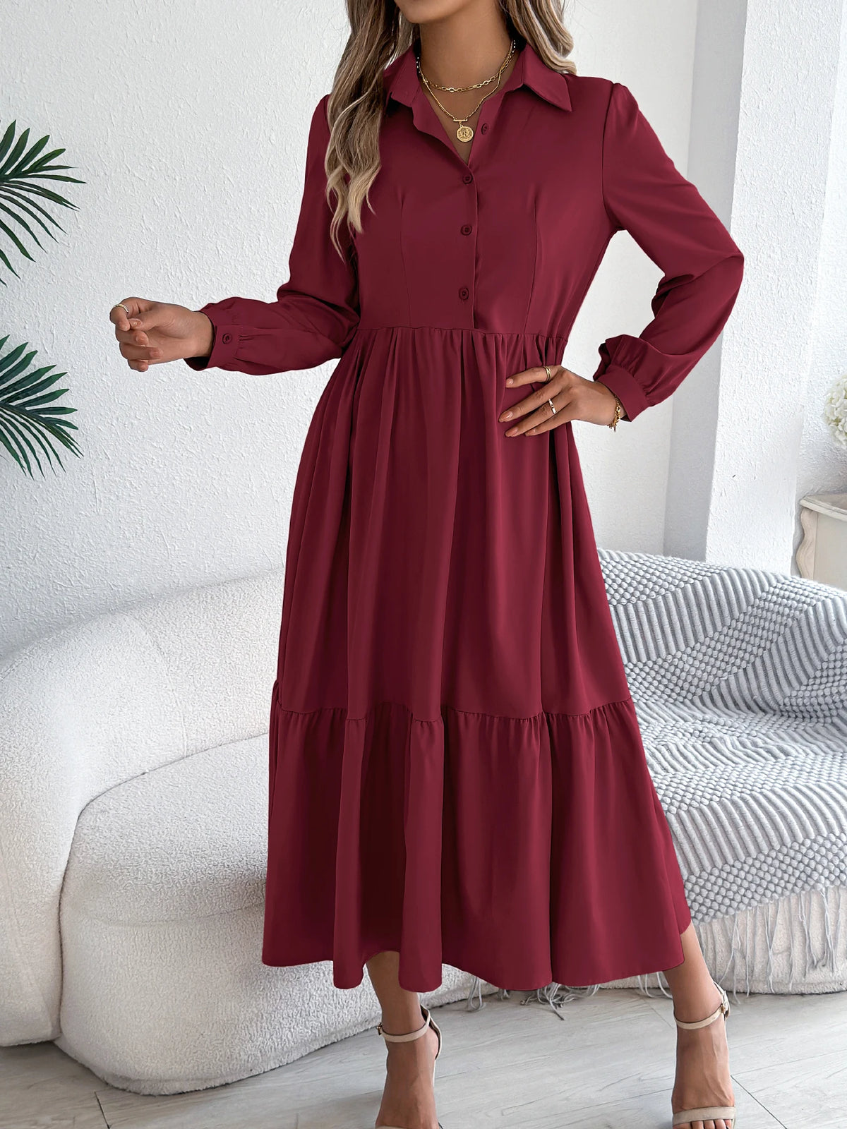 Casual Vacation Long Sleeved Turn-down Collar Single-Breasted Dress Spring Autumn Fashion Women&