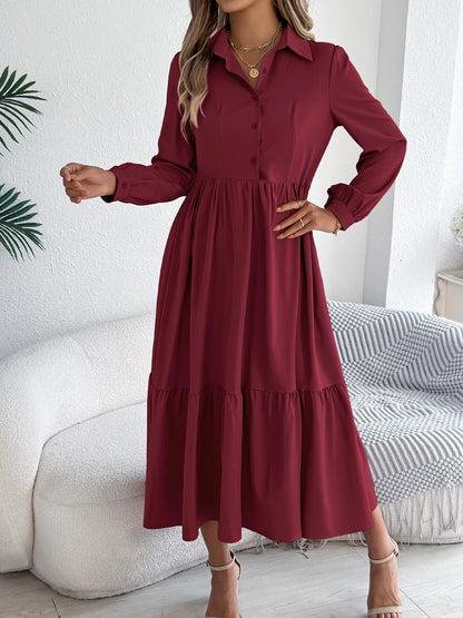 Casual Vacation Long Sleeved Turn-down Collar Single-Breasted Dress Spring Autumn Fashion Women&