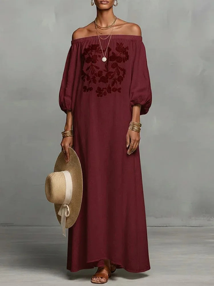 Vacation One Shoulder Linen Bohemian Dress for Women Sleeve