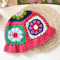 Women Muticolor Crochet Korean Handmade Bucket Hat Women Weaving Knitted Hat Y2k Fashion Flowers Autumn Winter Beanies Basin Cap
