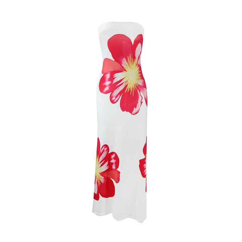 Fashion Milk Silk Fabric Floral Print Sexy Long Dresses Elegant Backless Bodycon High Waist Midi Dress 2025 Summer Vacation Boho