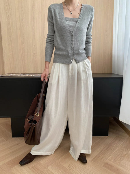 Lightweight travel comfort semi elastic high waist slimming casual wide leg pants