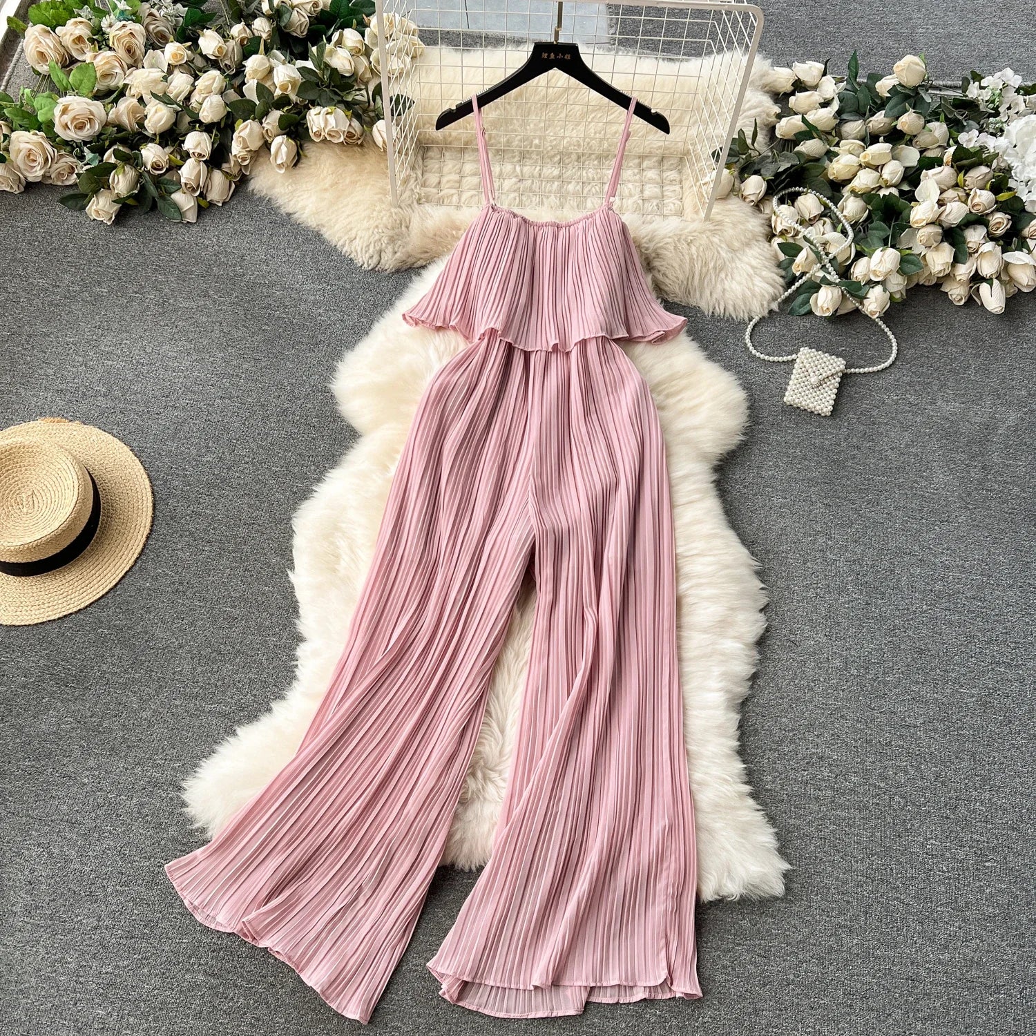 Vacation Loose Jumpsuit Strap Backless Thin Romper Streetwear Women INS One-Piece Outfit Beach Style Pleated Bodysuits
