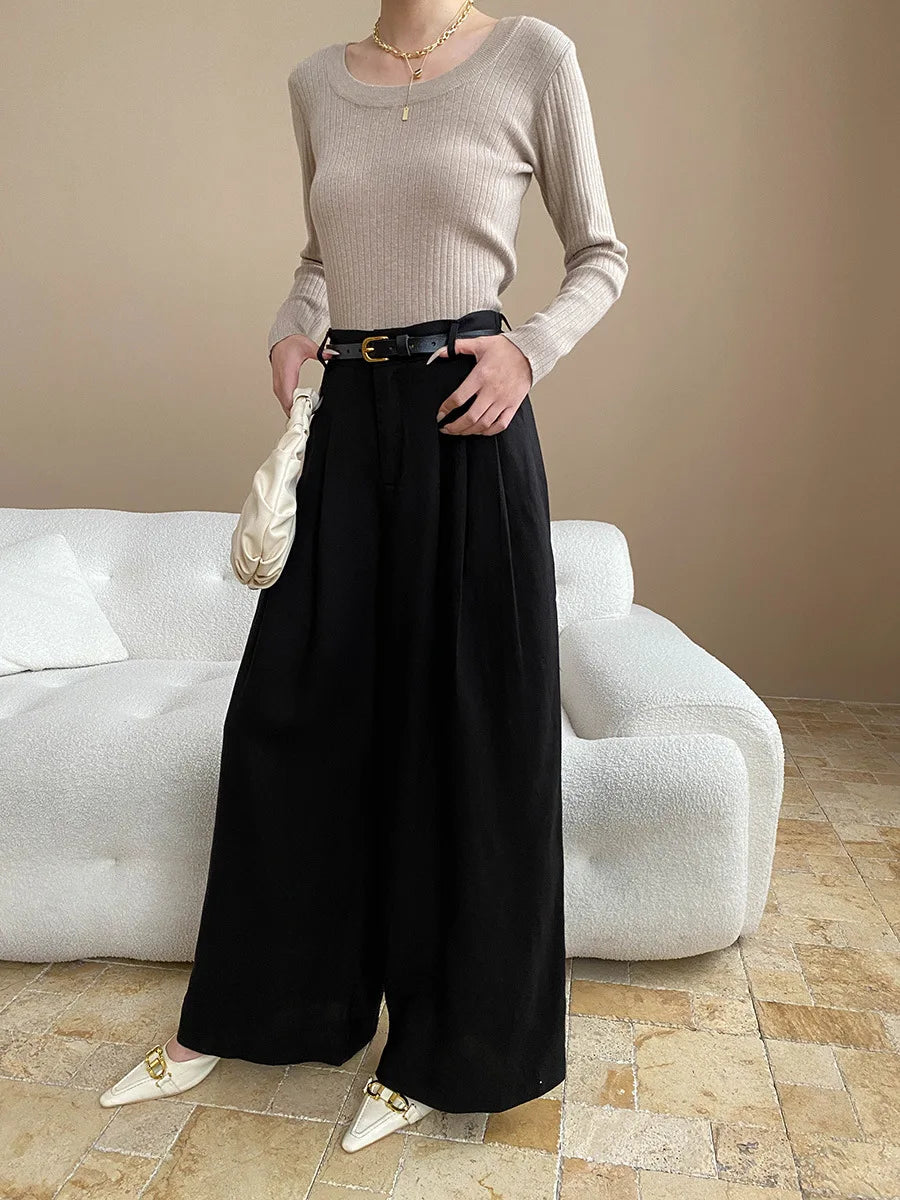 Lightweight travel comfort semi elastic high waist slimming casual wide leg pants