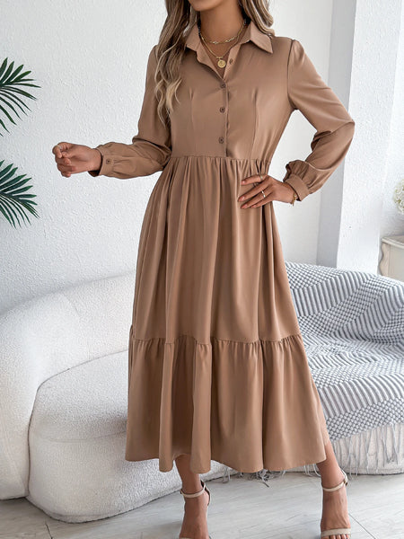 Casual Vacation Long Sleeved Turn-down Collar Single-Breasted Dress Spring Autumn Fashion Women's Clothing