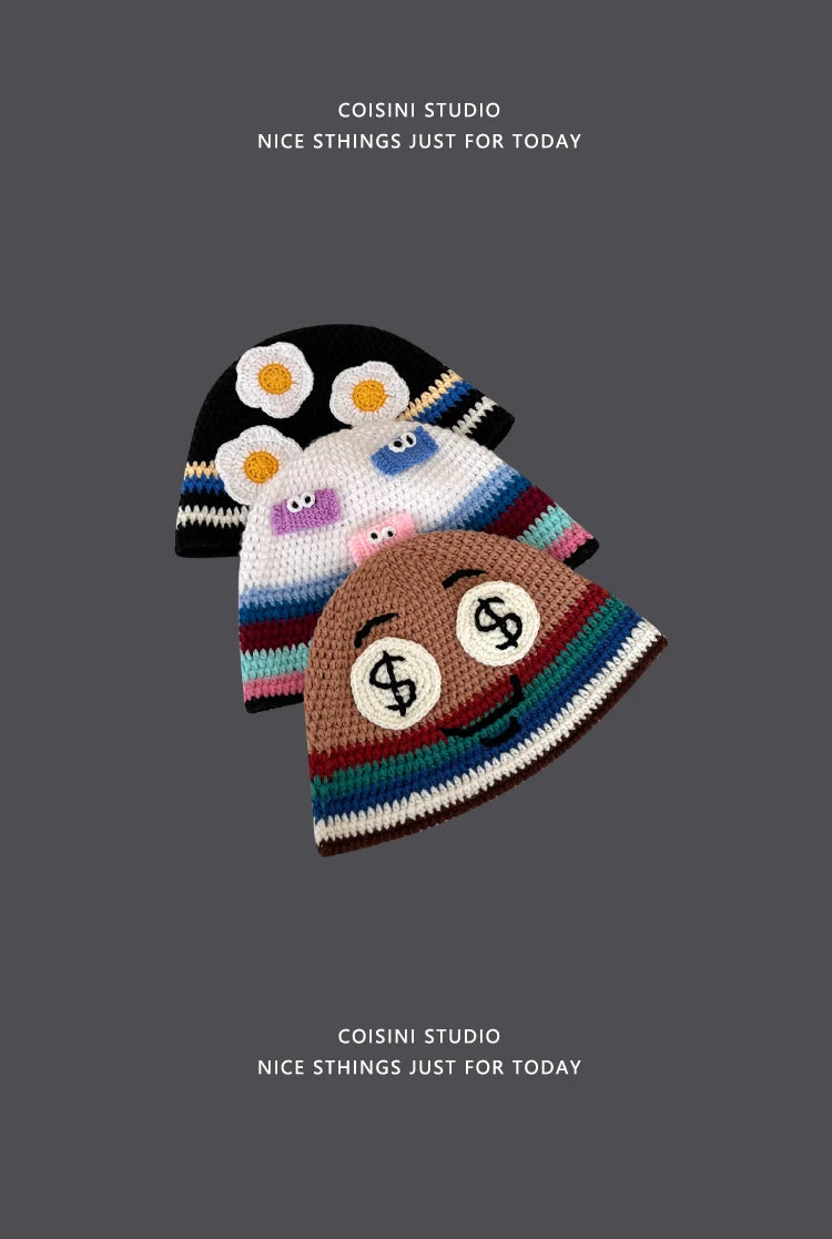 Cute Cartoon Knitted Bucket Hat for Women Men Fashion
